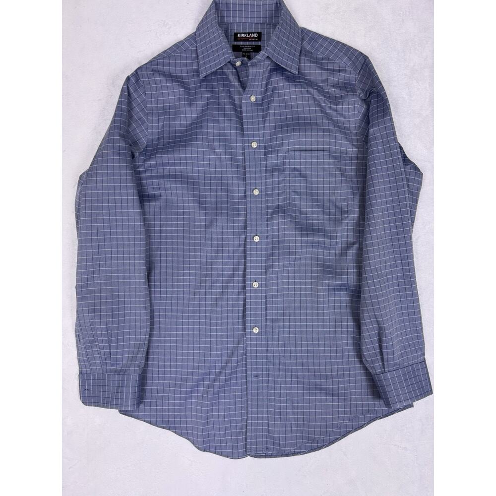 Kirkland Signature Shirt Mens 15.5 32/33 M Blue Plaid Long Sleeve Button Down